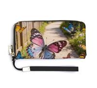 FekiLoot Elegant Butterfly Dance Along The Flower Path Women's Wallet with Zip Hand Strap PU Leather Card Holder Slim Cute Wristlet Wallet for Ladies Portable Travel Long Purse for Women