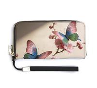 FekiLoot Elegant Butterfly Perches on The Spring Branch. Women's Wallet with Zip Hand Strap PU Leather Card Holder Slim Cute Wristlet Wallet for Ladies Portable Travel Long Purse for Women