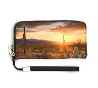 FekiLoot Elegant Cactus Desert Sunset Women's Wallet with Zip Hand Strap PU Leather Card Holder Slim Cute Wristlet Wallet for Ladies Portable Travel Long Purse for Women