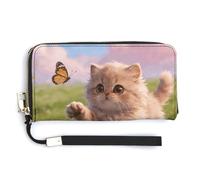 FekiLoot Elegant Chasing Butterflies Women's Wallet with Zip Hand Strap PU Leather Card Holder Slim Cute Wristlet Wallet for Ladies Portable Travel Long Purse for Women