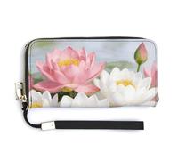 FekiLoot Elegant Clear Pond Lotus Rhythms Women's Wallet with Zip Hand Strap PU Leather Card Holder Slim Cute Wristlet Wallet for Ladies Portable Travel Long Purse for Women