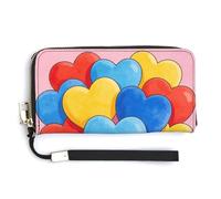 FekiLoot Elegant Colorful Heart Lovely Cute Pink Women's Wallet with Zip Hand Strap PU Leather Card Holder Slim Cute Wristlet Wallet for Ladies Portable Travel Long Purse for Women