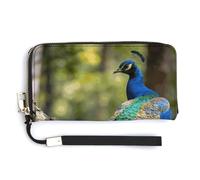 FekiLoot Elegant Colorful Peacock on A Tree Branch Women's Wallet with Zip Hand Strap PU Leather Card Holder Slim Cute Wristlet Wallet for Ladies Portable Travel Long Purse for Women