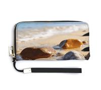 FekiLoot Elegant Colorful Stones on The Beach Women's Wallet with Zip Hand Strap PU Leather Card Holder Slim Cute Wristlet Wallet for Ladies Portable Travel Long Purse for Women