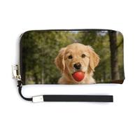 FekiLoot Elegant Cute Golden Retriever Women's Wallet with Zip Hand Strap PU Leather Card Holder Slim Cute Wristlet Wallet for Ladies Portable Travel Long Purse for Women
