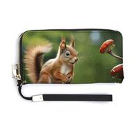 FekiLoot Elegant Red Squirrel on Small Green hill Women's Wallet with Zip Hand Strap PU Leather Card Holder Slim Cute Wristlet Wallet for Ladies Portable Travel Long Purse for Women