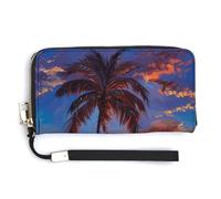 FekiLoot Elegant Sunset Hawaiian Palm Tree Women's Wallet with Zip Hand Strap PU Leather Card Holder Slim Cute Wristlet Wallet for Ladies Portable Travel Long Purse for Women