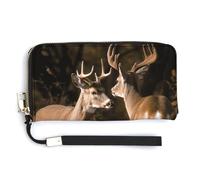 FekiLoot Elegant Two Deers Women's Wallet with Zip Hand Strap PU Leather Card Holder Slim Cute Wristlet Wallet for Ladies Portable Travel Long Purse for Women