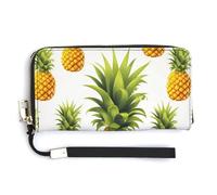 FekiLoot Elegant Yellow Pineapple on White Background Illustration Women's Wallet with Zip Hand Strap PU Leather Card Holder Slim Cute Wristlet Wallet for Ladies Portable Travel Long Purse for Women
