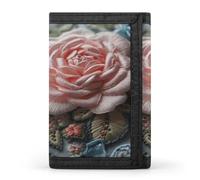 FekiLoot Embroidered Pink Roses Wallets Exquisite Trifold Wallet Front Pocket Wallet with Zipper Keychain Coin Purse Credit Card Holder for Adult