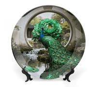 FekiLoot Emerald Peacock Bloom Decorative Plates Bone China Plates with Stand for Display 7inch Round Ceramic Dinner Plates Dessert Plate for Kitchen Party Coffee Table Decor Art