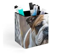FekiLoot English Bulldogs Pen Holder for Desk, Personalized Pencil Cups for Office, Square Makeup Brush Holder for Bathroom, PU Leather Pencil Organizer Case, Pen Storage Box