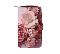 FekiLoot Flowers on Light Pink Background Wallet Large Capacity Travel Double Fold Wallets Portable Zipper Leather Purse for Women Men