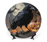 FekiLoot Frightening Halloween Crow Decorative Plates Bone China Plates with Stand for Display 8inch Round Ceramic Dinner Plates Dessert Plate for Kitchen Party Coffee Table Decor Art
