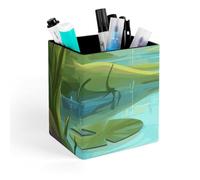 FekiLoot Frog in A Pond Pen Holder for Desk, Personalized Pencil Cups for Office, Square Makeup Brush Holder for Bathroom, PU Leather Pencil Organizer Case, Pen Storage Box
