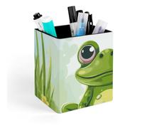 FekiLoot Frog in A Pond Pen Holder for Desk, Personalized Pencil Cups for Office, Square Makeup Brush Holder for Bathroom, PU Leather Pencil Organizer Case, Pen Storage Box