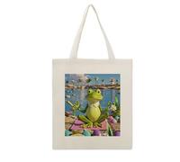 FekiLoot Funny Yoga Frog Canvas Tote Bag Reusable Grocery Shopping Bag Large Capacity Grocery Bags Lightweight Cloth Bags Shoulder Handbag for Women Beach Travel Shop Daily Essentials