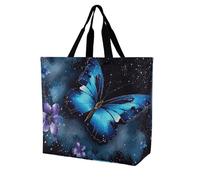 FekiLoot Galaxy Blue Butterfly Shopping Bag Foldable, Multipurpose Shoulder Bag, Reusable Grocery Bag Holder with Long Shoulder Strap, Waterproof Tote Bags for Work, Beach, Travel