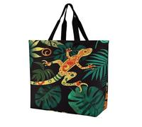 FekiLoot Gecko And Tropical Leaves Grocery Bag Reusable Grocery Bags Heavy Duty Reusable Shopping Bag with Handle Foldable Large Tote Bags for Shopping Groceries Clothes