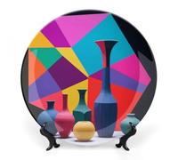 FekiLoot Geometric Abstract Stilllife Decorative Plates Bone China Plates with Stand for Display 8inch Round Ceramic Dinner Plates Dessert Plate for Kitchen Party Coffee Table Decor Art