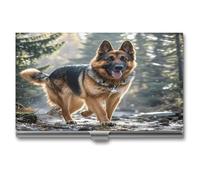 FekiLoot German Shepherd Dog Business Card Holder Slim Aluminum Alloy Flip Cover Business Card Case Waterproof Portable Name Cards Organizer Lightweight Pocket Cards Holder