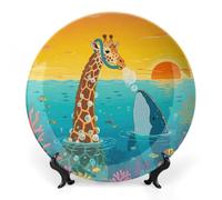 FekiLoot Giraffe And Shark Decorative Plates Bone China Plates with Stand for Display 8inch Round Ceramic Dinner Plates Dessert Plate for Kitchen Party Coffee Table Decor Art