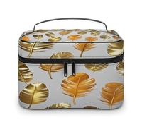 FekiLoot Gold And Orange Feathers Makeup Bag Large Capacity Travel Cosmetic Bag Lightweight Hand-held Toiletry Bags Portable Cosmetic Pouch Cute Make Up Pouch for Women