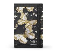 FekiLoot Gold White Butterflies Black Men's Wallet Extra Capacity Trifold Wallet Thin & Stylish Trifold Card Holder with ID Window
