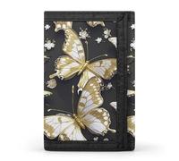 FekiLoot Gold White Butterflies Black Trifold Wallet Slim Credit Card Holder Stylish Trifold Billfold Minimalist Front Pocket Friendly Purses