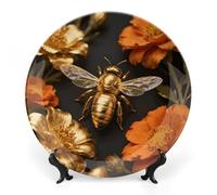 FekiLoot Golden Bee Decorative Plates Bone China Plates with Stand for Display 6inch Round Ceramic Dinner Plates Dessert Plate for Kitchen Party Coffee Table Decor Art