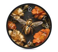 FekiLoot Golden Bee Modern Wall Clock - 10 Inch Round, Silent Non-Ticking, Analog Display, Decorative Golden Bee Digital Wall Clock for Living Room Classroom Office Decor