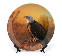 FekiLoot Golden Sunset Bald EagleDecorative Plate Round Ceramic Plates with Display Stand Salad & Dessert Serving Plates Home Table Art Decoration for Kitchen Dining Room Wine Cabinet 10inch