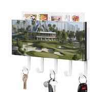 FekiLoot Golf Yacht Club Key Holder for Wall Self Adhesive Leather Key Rack Large Decorative Keys Hooks with 5 Hooks Hanging Keys Rack for Living Room Office White-Style