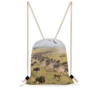 FekiLoot Grassland Animal Migration Drawstring Backpack Gym Bag Lightweight Sport Gym Sackpack for Beach, Travel, Yoga, Swimming