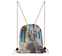 FekiLoot Greece Street Drawstring Backpack Sports Gym Bag Drawstring Bags Foldable Backpack for Women Men