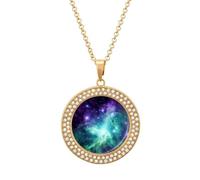 FekiLoot Green Blue Purple Galaxy Pendant Necklaces Non-Tarnish Round Necklace Multicolored Diamond Studded Exquisite Necklace Coin Pendant Fashion Jewelry Necklaces Gifts for Women, One Size, Metal