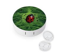 FekiLoot Green Leaf Ladybug Contact Lens Case Portable Travel Outdoor Contact Lens Cases Circle Leakproof Makeup Storage Box with Mirror for Home Office Dormitory