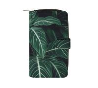 FekiLoot Green Long Leaves Wallet Large Capacity Travel Double Fold Wallets Portable Zipper Leather Purse for Women Men