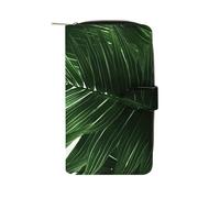 FekiLoot Green Palm Leaves Wallet Large Capacity Travel Double Fold Wallets Portable Zipper Leather Purse for Women Men