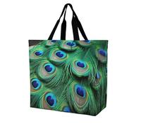 FekiLoot Green Peacock Feather Shopping Bag Foldable, Multipurpose Shoulder Bag, Reusable Grocery Bag Holder with Long Shoulder Strap, Waterproof Tote Bags for Work, Beach, Travel