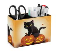 FekiLoot Halloween Black Cats Pumpkin PU Leather Pen Holder with 2 Compartments Rectangle Desk Storage Organizer Desktop Stationery Container Pencil Cup for Office School Home Accessories