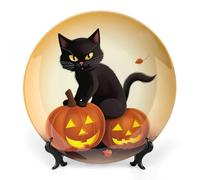 FekiLoot Halloween Black Cats PumpkinDecorative Ceramic Plate Dinner Plate for Salad Dessert Round Display Plate Decorative Porcelain Dish Wall Ornament Microwave Oven Dishwasher Safe Gift 6inch