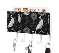 FekiLoot Halloween Goth Key Holder Wall Mount PU Leather Adhesive Key Rack with 5 Hooks Decorative Keys Storage Holder Mail Organizer Decor for Entryway Hallway Office Kitchen White