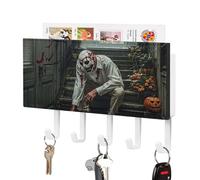 FekiLoot Halloween Horror Theme Key Holder Wall Mount PU Leather Adhesive Key Rack with 5 Hooks Decorative Keys Storage Holder Mail Organizer Decor for Entryway Hallway Office Kitchen White