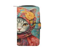 FekiLoot Hand Drawn Cat Wallet Large Capacity Travel Double Fold Wallets Portable Zipper Leather Purse for Women Men