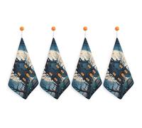 FekiLoot Haunted House Tree Witch Halloween Hand Towels for Kitchen, Square Small Towel with Hanging Loop for Bathroom, Absorbent Soft Hand Towels for Travel, Quick Dry Towel for Home, Gym 4PCS