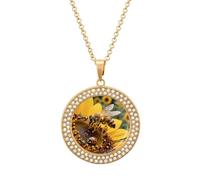 FekiLoot Honeybee on Sunflower Pendant Necklace for Women Men Elegant Diamond Circle Necklaces with 19.7 Inch Chain, Zinc Diamond Jewelry for Birthday Christmas Valentine's Day Gift, One size, Zinc