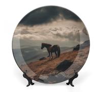 FekiLoot Horse Grazing on The MountainDecorative Plate Round Ceramic Plates with Display Stand Salad & Dessert Serving Plates Home Table Art Decoration for Kitchen Dining Room Wine Cabinet 8inch