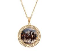 FekiLoot Horses Pendant Necklaces Non-Tarnish Round Necklace Multicolored Diamond Studded Exquisite Necklace Coin Pendant Fashion Jewelry Necklaces Gifts for Women, One Size, Metal, No Gemstone