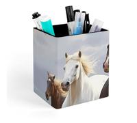 FekiLoot Horses Running Art Pen Holder for Desk, Personalized Pencil Cups for Office, Square Makeup Brush Holder for Bathroom, PU Leather Pencil Organizer Case, Pen Storage Box